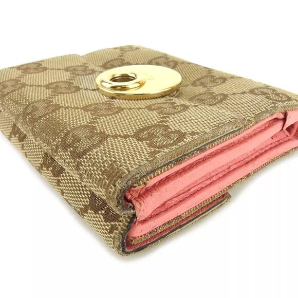 Gucci Double Sided Wallet GGpattern Beige Pink Canvas Leather Used T9705 - Picture 4 of 9